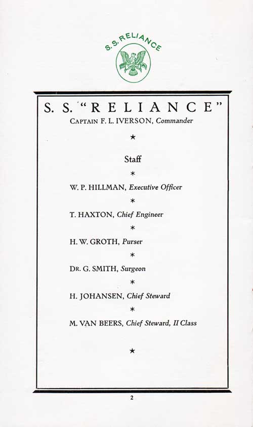 List of Senior Officers and Staff for the Voyage of the SS Reliance, 15 November 1922.