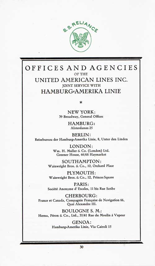 Offices and Agencies of the United American Lines Inc. Joint Service with Hamburg-Amerika Linie.