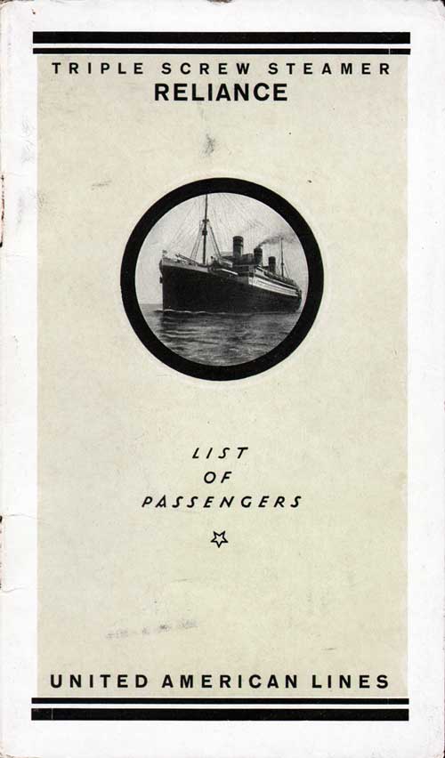 Front Cover - Passenger List, SS Reliance, United American Lines, July 10, 1923