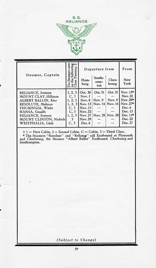 Sailing Schedule, Hamburg-Southampton-Cherbourg-New York, 30 October 1923 to 27 December 1923.