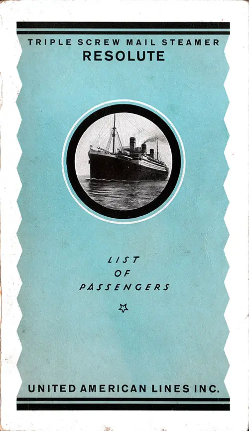 Front Cover - 5 September 1922 Passenger List, SS Resolute, United American Lines