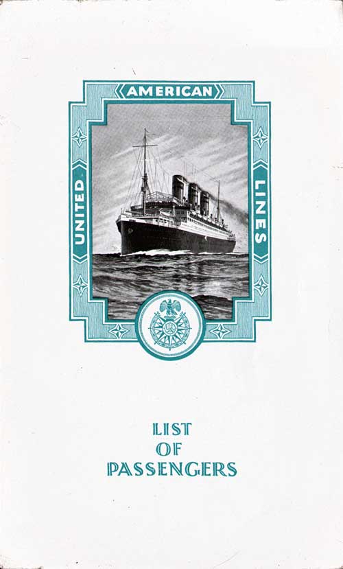 Front Cover, Cabin Class Passenger List from the SS Resolute of the United American Lines, Departing 19 May 1925 from Hamburg to New York.
