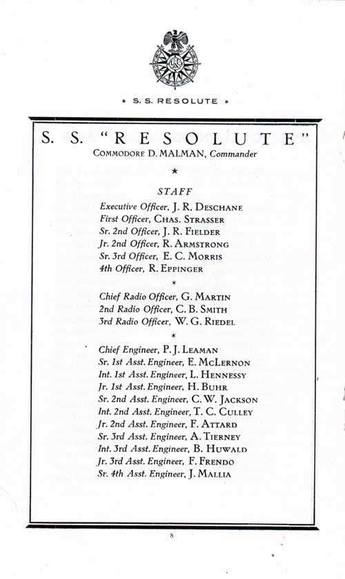 List of Senior Officers and Staff, Part 1 of 2, on the SS Resolute for the 19 May 1925 Voyage.