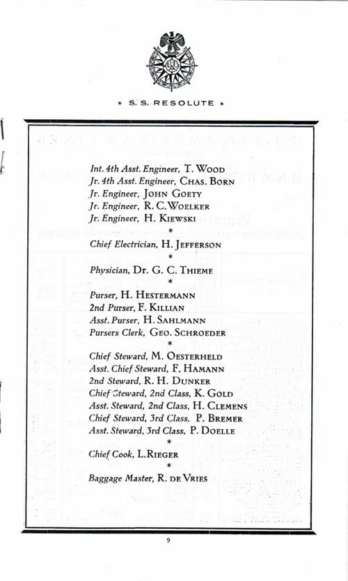 List of Senior Officers and Staff, Part 2 of 2, on the SS Resolute for the 19 May 1925 Voyage.