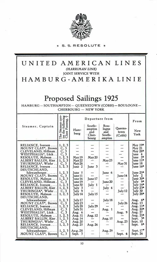 Sailing Schedule, Hamburg-Southampton-Queenstown (Cobh)-Boulogne-Cherbourg-New York, from 19 May 1925 to 24 September 1925.