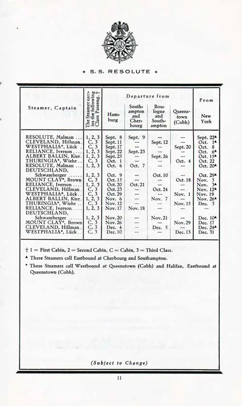 Sailing Schedule, Hamburg-Southampton-Queenstown (Cobh)-Boulogne-Cherbourg-New York, from 8 September 1925 to 31 December 1925.