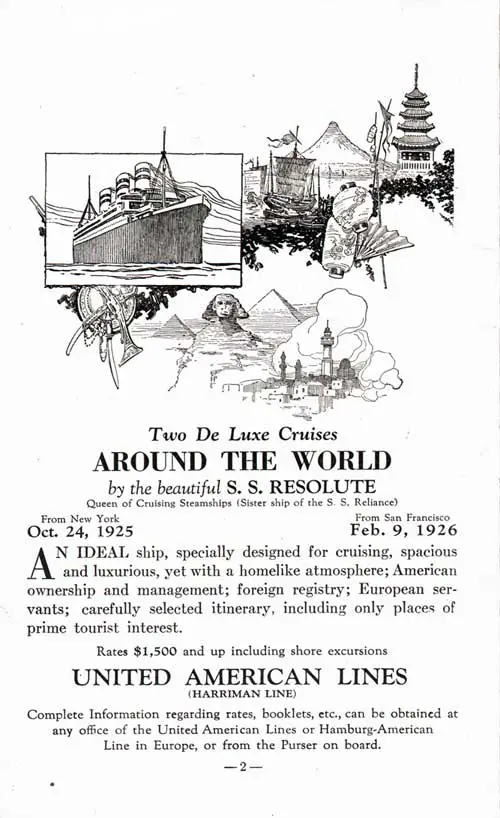 Advertisement: Two Deluxe Cruises Around the World on the SS Resolute, 1925-1926.
