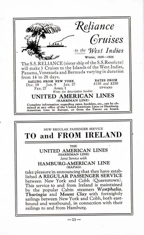 Advertisement: SS Reliance Cruises to the West Indies Winter, 1925-1926.