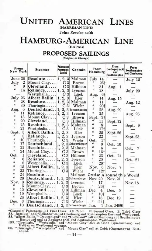 Sailing Schedule, Hamburg-Boulogne-Southampton-New York and New York-Southampton-Cherbourg-Hamburg, from 30 June 1925 to 2 January 1926.