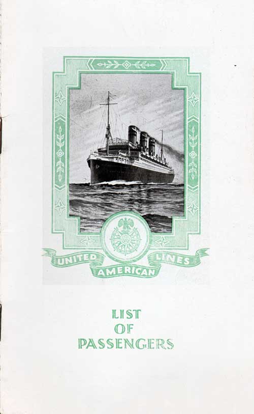 Front Cover - 8 September 1925 Passenger List, SS Resolute, United American Lines