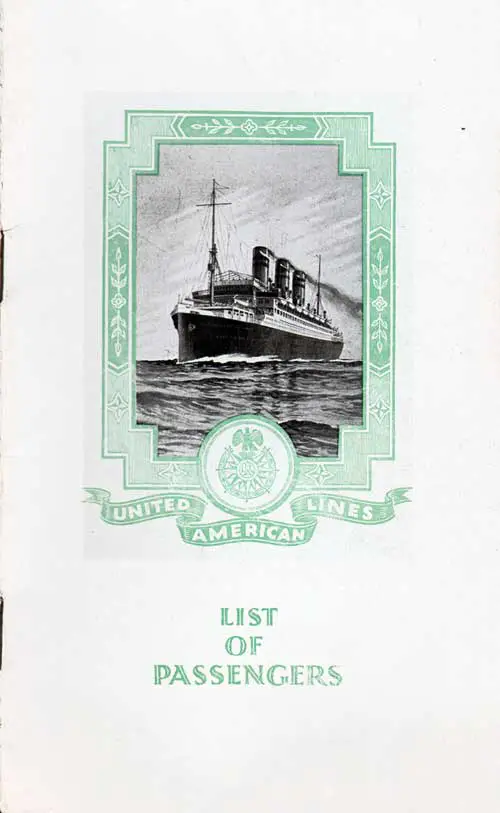 Front Cover - 8 September 1925 Passenger List, SS Resolute, United American Lines