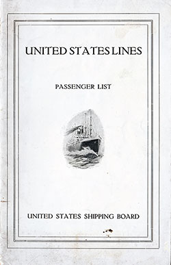 Front Cover, Cabin Passenger List for the SS America of the United States Lines, Departing 12 July 1922 from Bremen to New York via Southampton and Cherbourg.