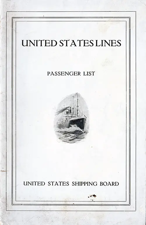 Front Cover, Passenger List, United States Lines SS America, 12 July 1922