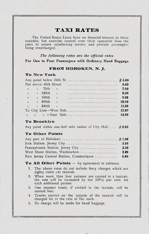Official Taxi Rates from Hoboken, New Jersey to New York and Other Points. SS America Passenger List, 12 July 1922.