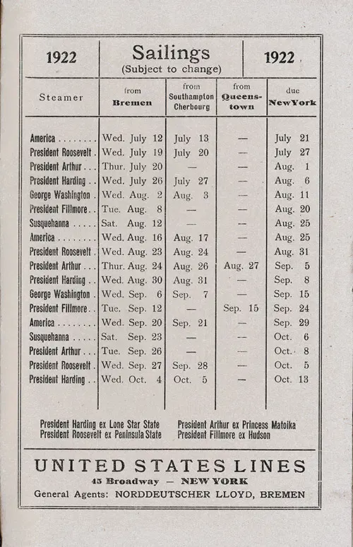 Sailing Schedule, Bremen-Southampton-Cherbourg-Queenstown (Cobh)-New York, from 12 July 1922 to 13 October 1922.