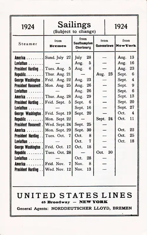 Sailing Schedule, Bremen-Southampton-Cherbourg-Queenstown (Cobh)-New York, from 27 July 1924 to 13 November 1924.