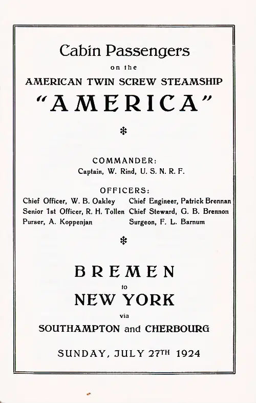 Title Page, SS America Cabin Passenger List, 27 July 1924.