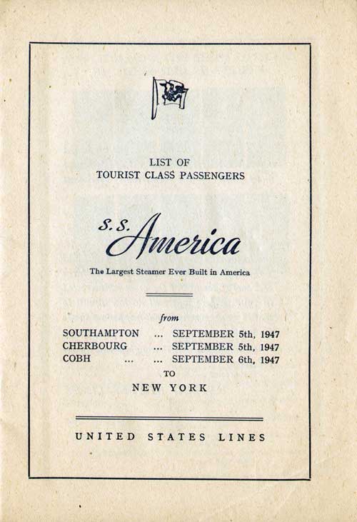 Title Page, SS America Tourist Class Passenger List, 5 September 1947.