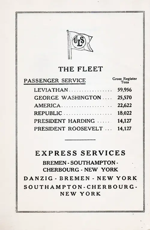United States Lines Passenger Service Fleet List and Express Services, 1924.