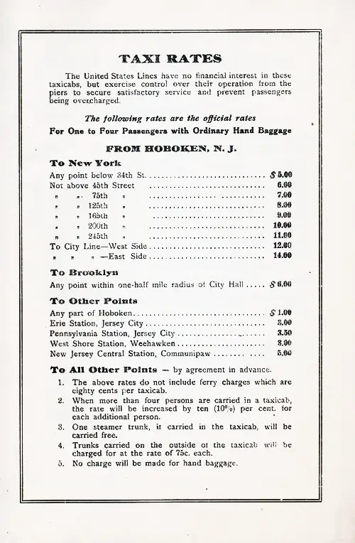 Taxi Rates from Hoboken to New York, Brooklyn, and Other Points, 1924.