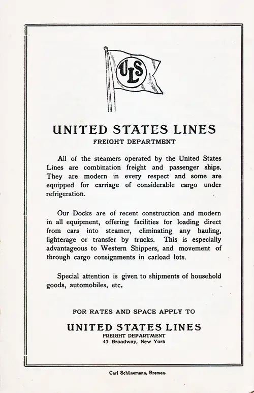 Advertisement: United States Lines Freight Department, 1924.