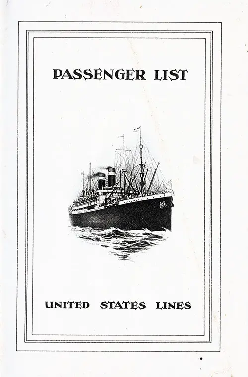 Front Cover, Passenger List, United States Lines SS George Washington, 23 September 1925