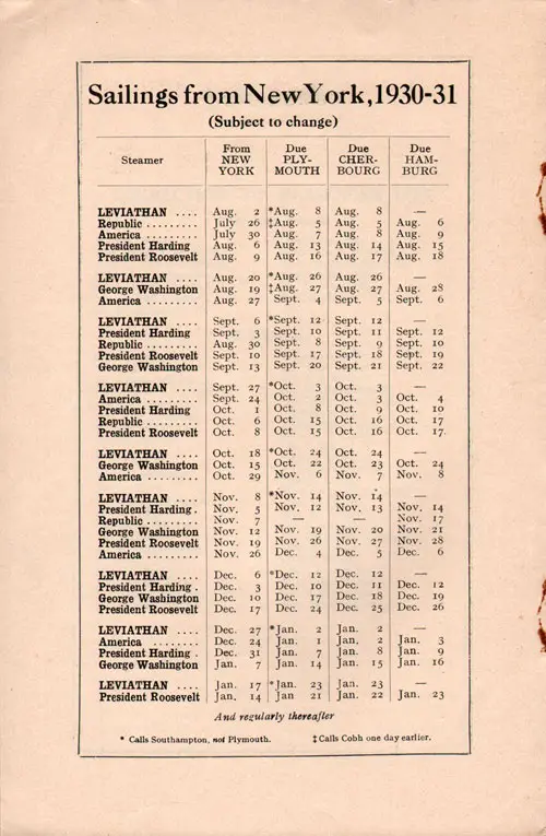 Eastbound Sailing Schedule, From New York to Plymouth, Cherbourg, and Hamburg, from 26 July 1930 to 23 January 1931.
