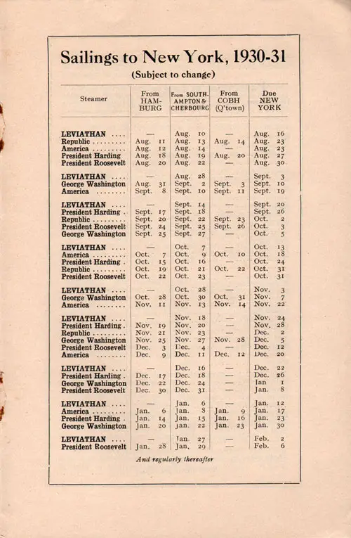 Westbound Sailing Schedule from Hambourg to Southampton, Cherbourg, Cobh (Queenstown), and New York, from 10 August 1930 to 6 February 1931.