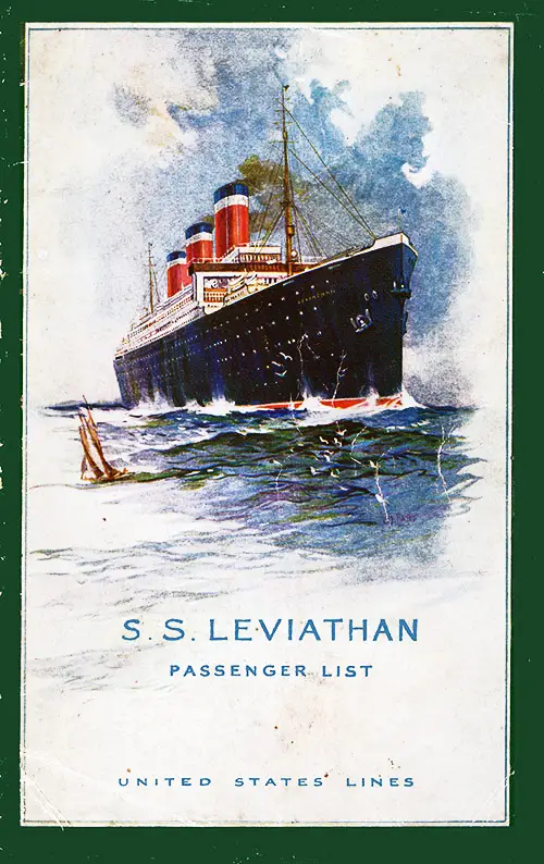 Front Cover, Cabin Passenger list for the SS Leviathan of the United States Lines, Departing 5 August 1924 from Southampton to New York via Cherbourg.