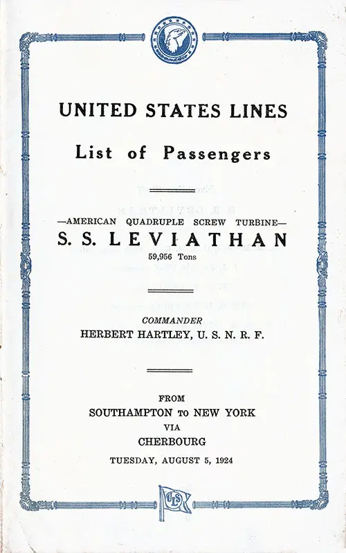 Title Page, SS Leviathan Cabin Passenger List, 5 August 1924.