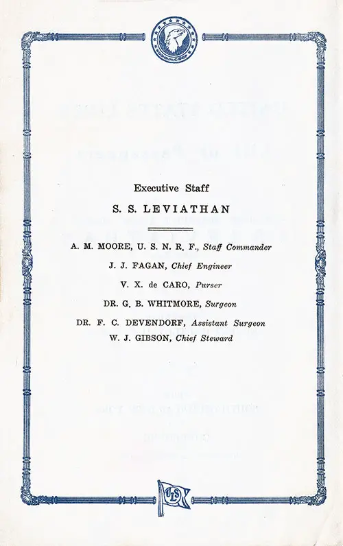 List of Senior Officers and Staff of the SS Leviathan on Her Voyage of 5 August 1924.