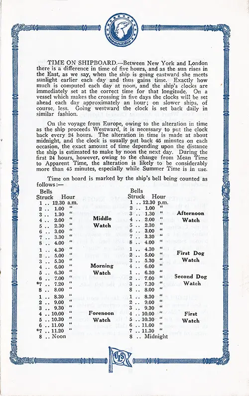 Time on Shipboard: Brief Explanation of Time Difference Between New York and London, Middle Watch, Afternoon Watch, Morning Watch, First Dog Watch, Second Dog Watch, Forenoon Watch, and First Watch.
