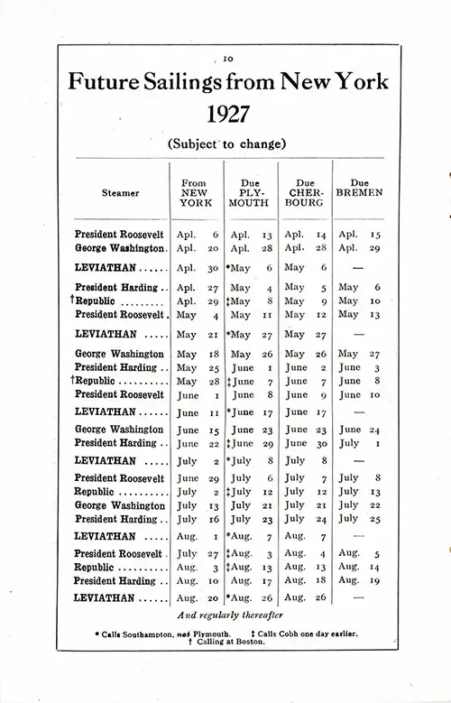 Eastbound Sailing Schedule, New York-Plymouth-Cherbourg-Bremen, from 6 April 1927 to 26 August 1926.