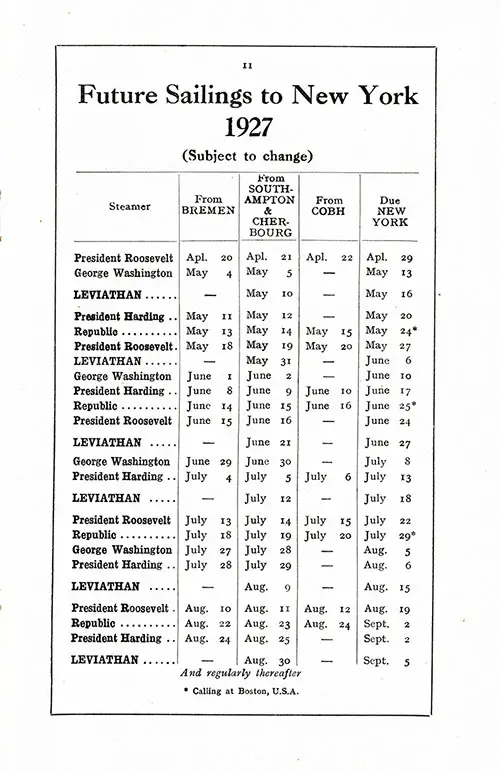 Westbound Sailing Schedule, Bremen-Southampton-Cherbourg-Cobh-New York, from 20 April 1927 to 5 September 1927.