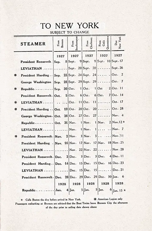 Westbound Sailing Schedule, Bremen-Southampton-Cherbourg-Cobh-New York, from 8 September 1927 to 15 January 1928.