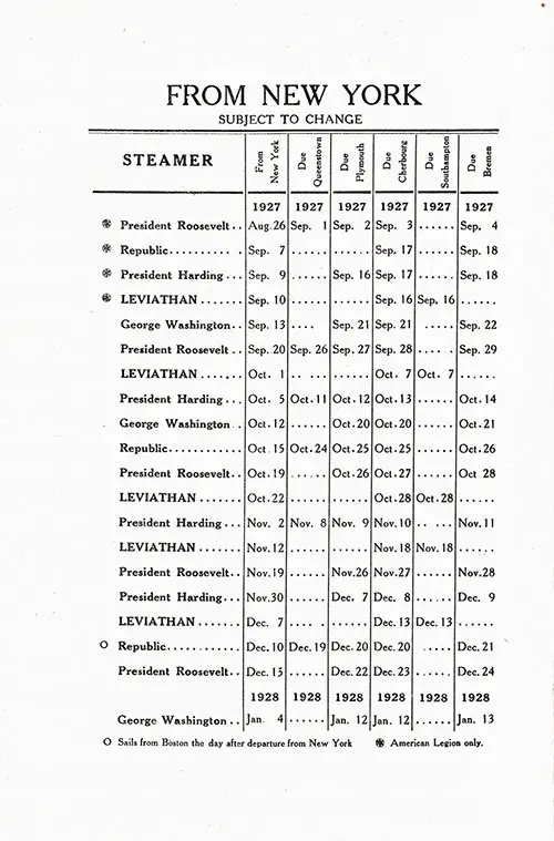 Eastbound Sailing Schedule, New York-Cobh-Plymouth-Cherbourg-Bremen, from 26 August 1927 to 13 January 1928.