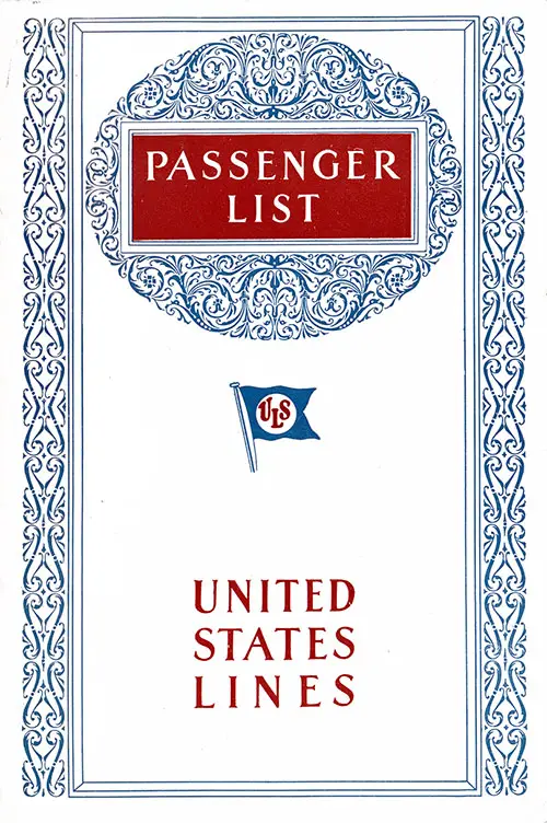 Front Cover, Passenger List, United States Lines SS Leviathan, 13 March 1928