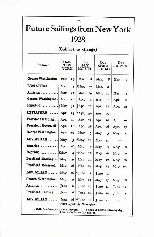 Sailing Schedule, New York-Plymouth-Cherbourg-Bremen, from 29 February 1928 to 22 June 1928.