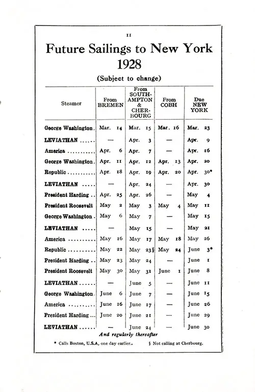 Sailing Schedule, Bremen-Southampton-Cherbourg-Cobh-New York, from 14 March 1928 to 30 June 1938.