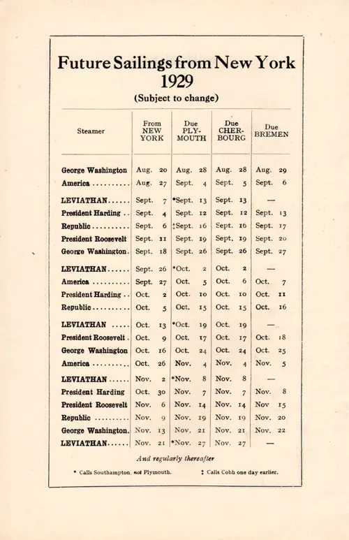 Eastbound Sailing Schedule, New York-Plymouth-Cherbourg-Bremen, from 20 August 1929 to 27 November 1929.