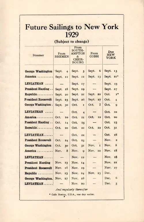 Westbound Sailing Schedule, Bremen-Southampton-Cherbourg-Cobh-New York, from 4 September 1929 to 5 December 1929.