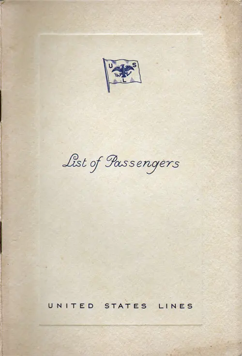 Front Cover, Cabin Passenger List for the SS Manhattan of the United States Lines, Departing 1 August 1934 from Hamburg to New York.