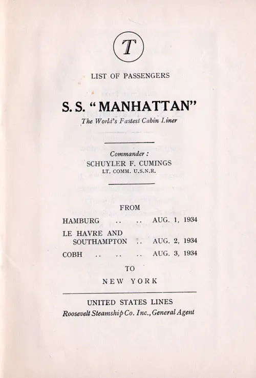 Title Page, SS Manhattan Passenger List, 1 August 1934.