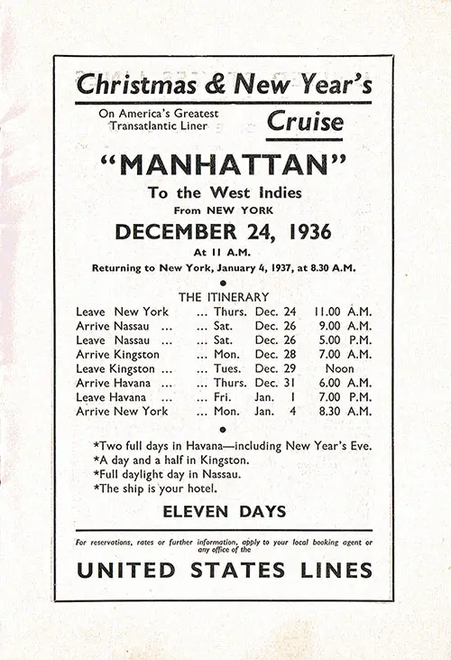 Christmas & New Year's Cruise On America's Greatest Transatlantic Liner SS Manhattan to the West Indies from New York 24 December 1936.