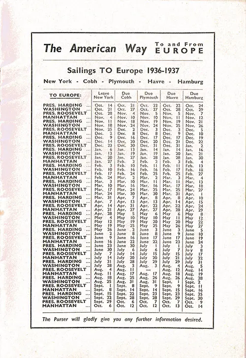 Sailing Schedule, New York-Cobh-Plymouth-Le Havre-Hamburg, From 14 October 1936 to 14 October 1937.