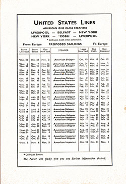 Sailing Schedule, Liverpool-Belfast-New York and New York-Cobh-Liverpool, 10 October 1936 to 15 November 1937.