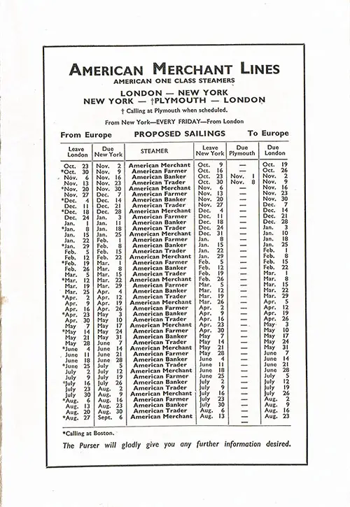 Sailing Schedule, London-New York and New York-Plymouth-London, from 9 October 1936 to 27 August 1937.