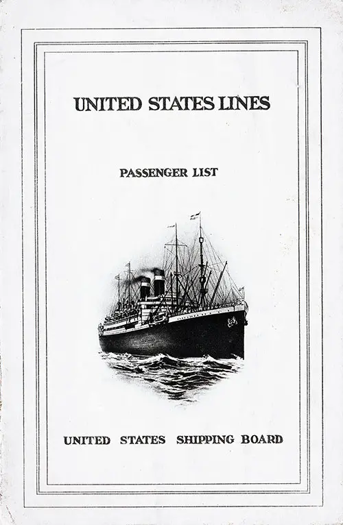 Front Cover, Cabin Passenger List for the SS President Arthur of the United States Lines, Departing 19 October 1923 from Bremen to New York.