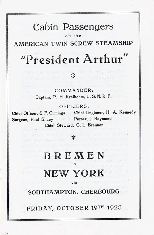 Title Page, SS President Arthur Cabin Passenger List, 19 October 1923.