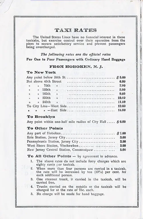 Taxi Rates (1923) from Hoboken to New York, Brooklyn, and Other Points.